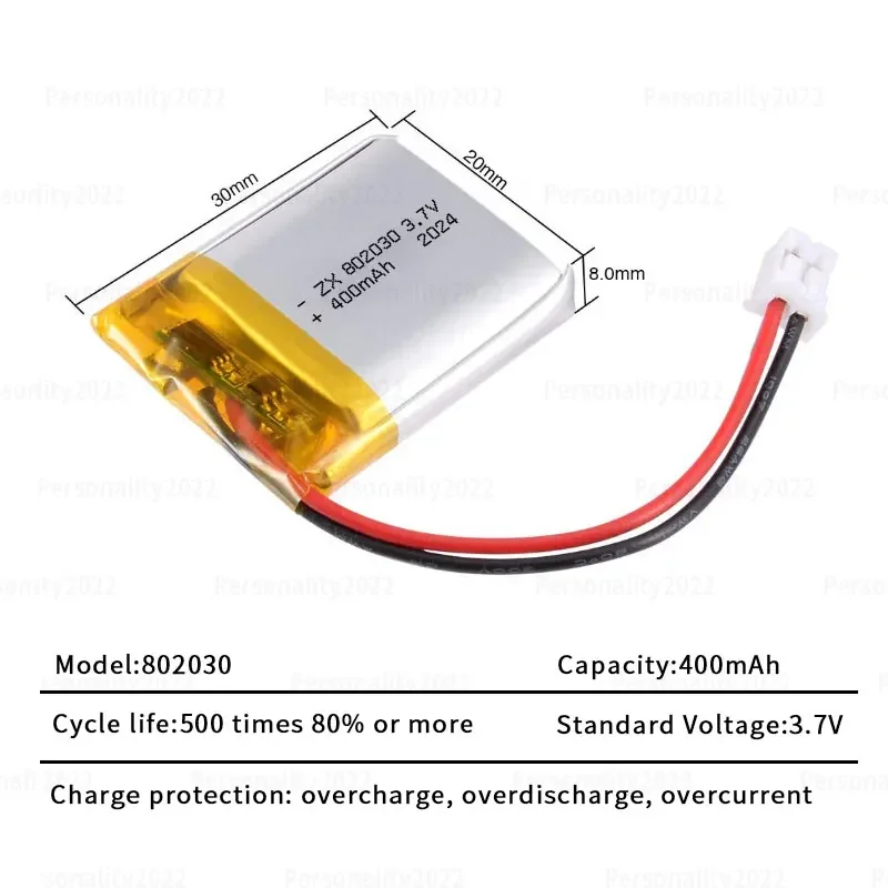 802030 Battery Lipo 3.7V 400mAh Lithium Polymer Rechargeable Batteries for Radiofrequency Introduction Device Moisturiser Cell