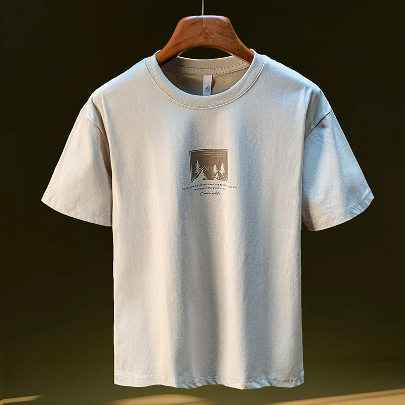 

2025 New Printed Men's T-shirt Simple and Versatile White Short Sleeve Loose Trendy Brand Combed Cotton Half Sleeve Top