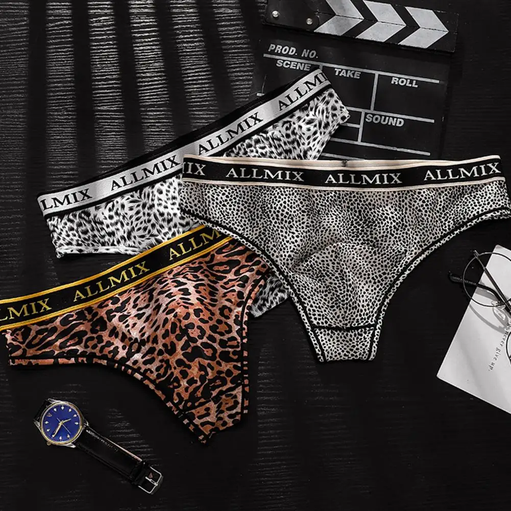 Men Sexy Briefs Leopard Pattern Letter Print Thong Low-rise Panties Elastic Underwear Breathable Sexy Thong Shorts Box Slip Kit