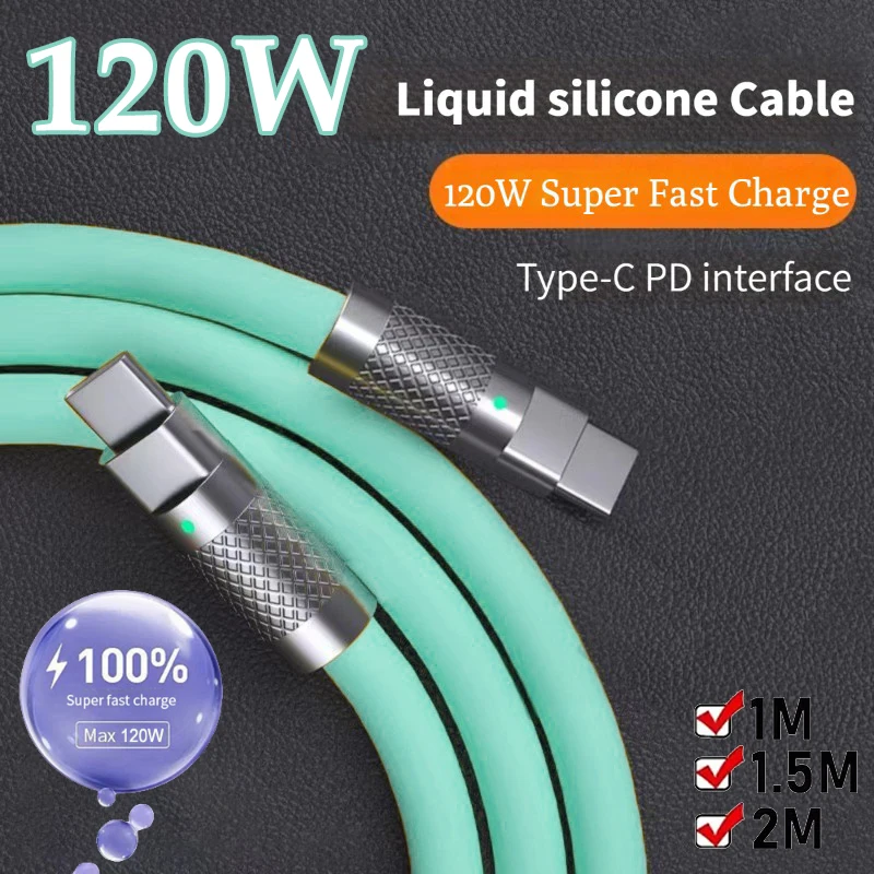 120W 10A Super Fast Charging Cable PD Type-C Liquid Silicone Cable C to C Quick Charging Cable 1/1.5/2M for iPhone Xiaomi