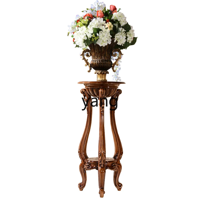 YJQ solid wood carving flower stand high foot flower table floor rack villa furniture