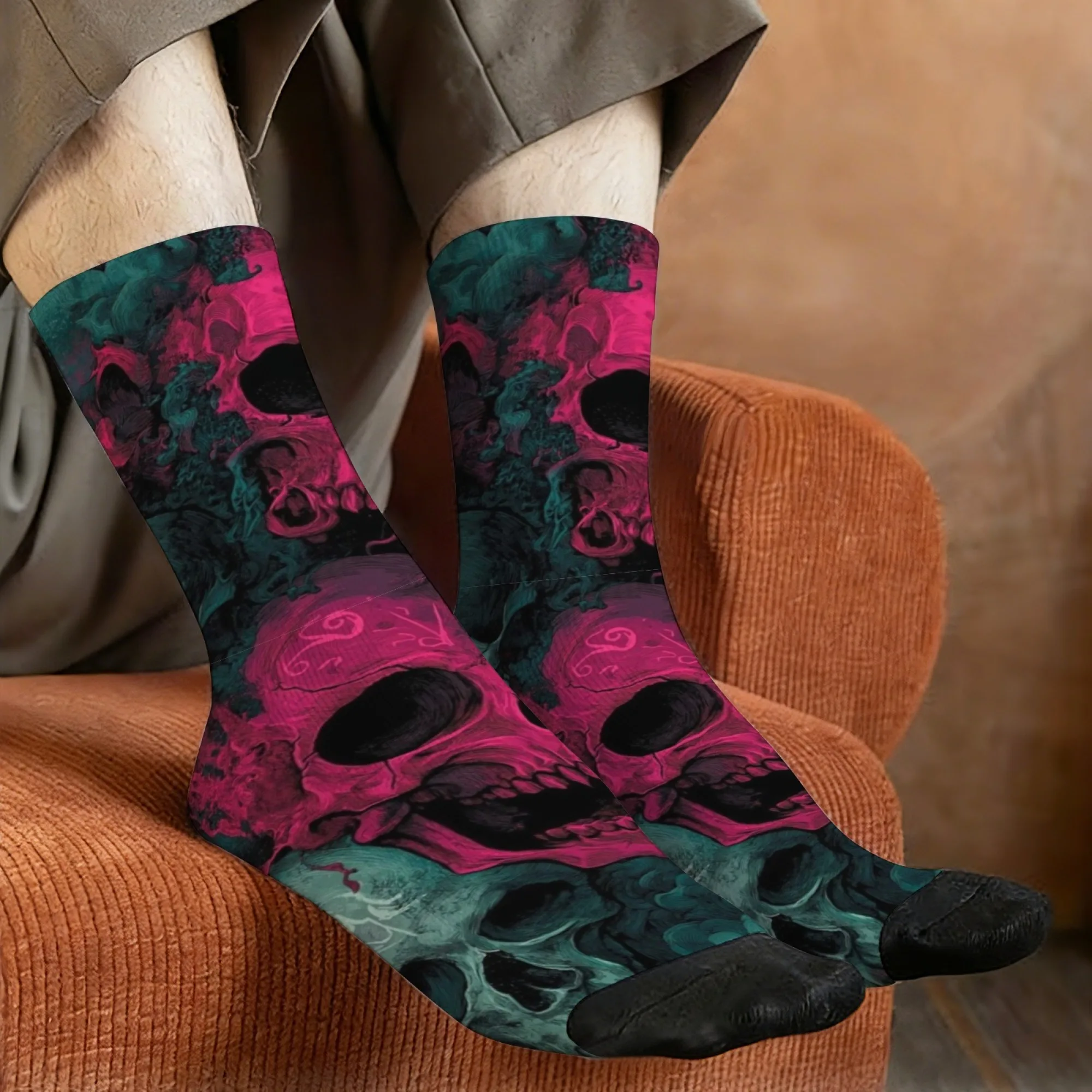 A pair of dark retro gothic skull print men's socks, a novel Harajuku street style casual sock for crazy parties and fun gifts.