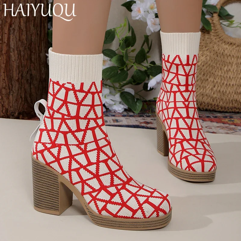 Women Knitting Sock Boots Elegant High Heels Shoes Woman 2025 Trend Fashion Winter Dress New Snow Pumps Ankle Boots Mujer Botas