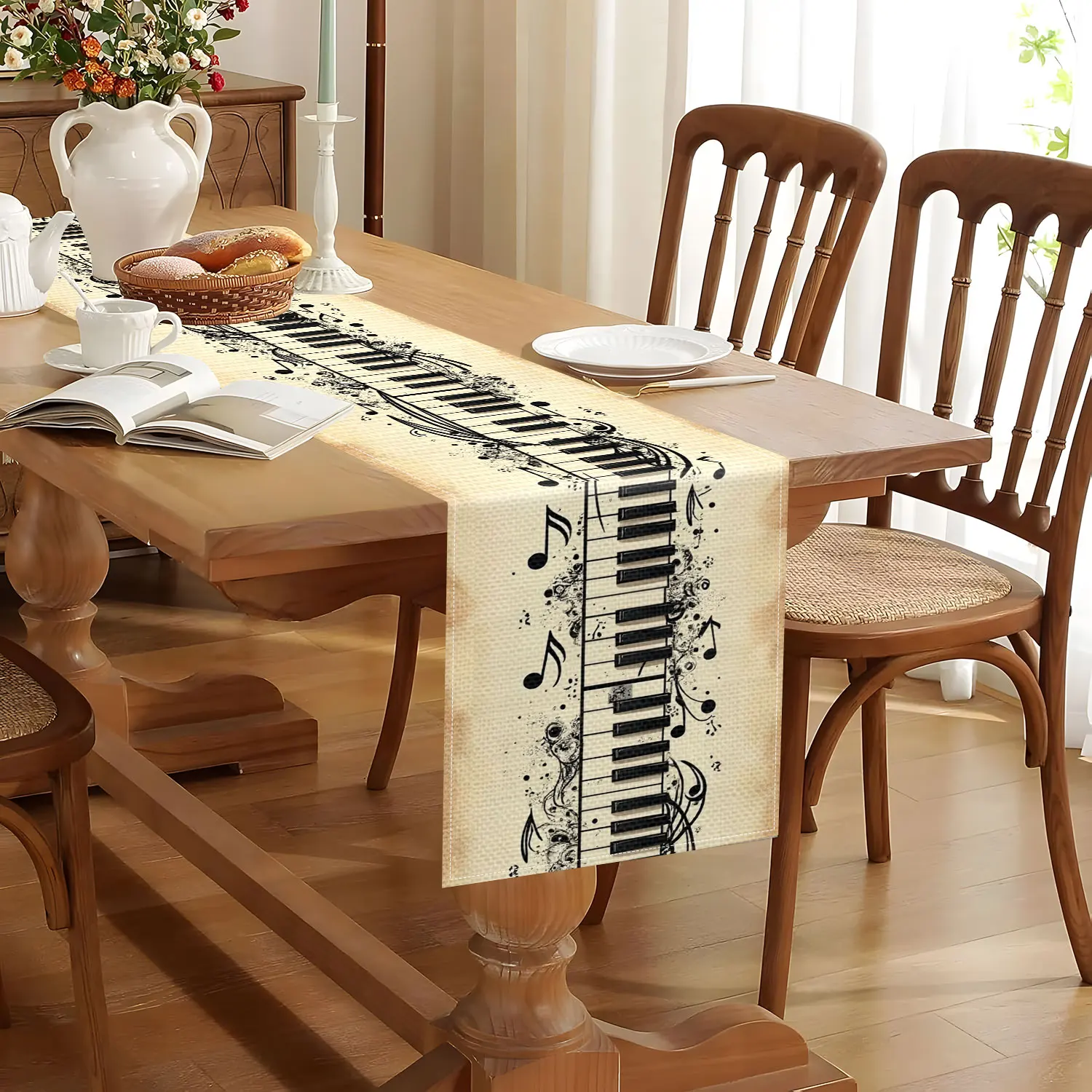 1 Music-Themed Table Runner with Piano Keyboard and Note Pattern, Home Decoration for Piano Performances, Music-Themed Parties and Music Enthusiasts