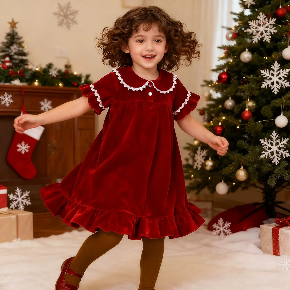 2025 Christmas Costume Kids Girls Dress Checkered Stripes Print Velvet Loungewear Children Family Match Xmas Pyjamas Custom Gift