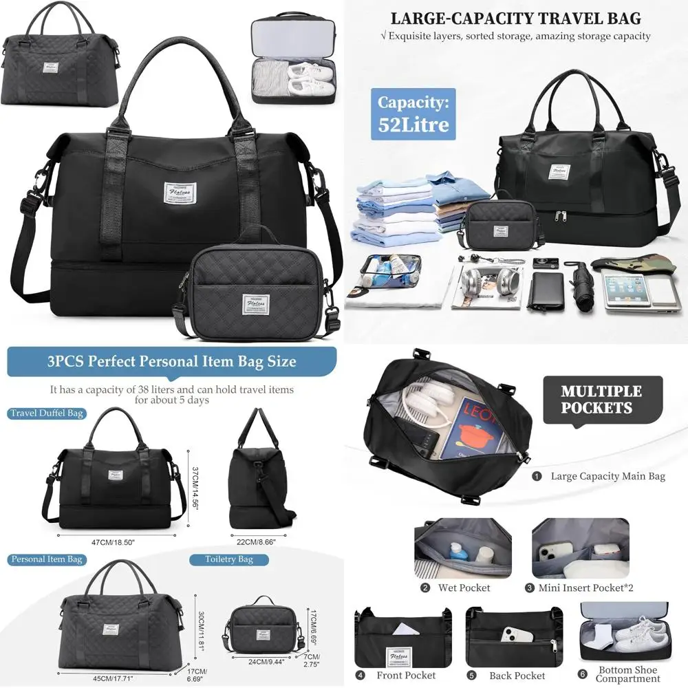 حقائب عطلة نهاية الأسبوع للنساء، حقيبة سفر واق من المطر بين عشية وضحاها مع حجرة للأحذية، حقيبة حمل شخصية، أسود، كبير، مجموعة من 3 قطع