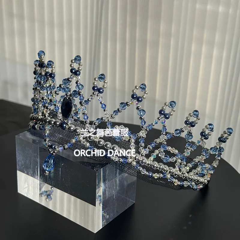 Ballet crown headpiece blue‑black rhinestone pearl layered hollow tiara with water drop pendant for ballet character solo stage