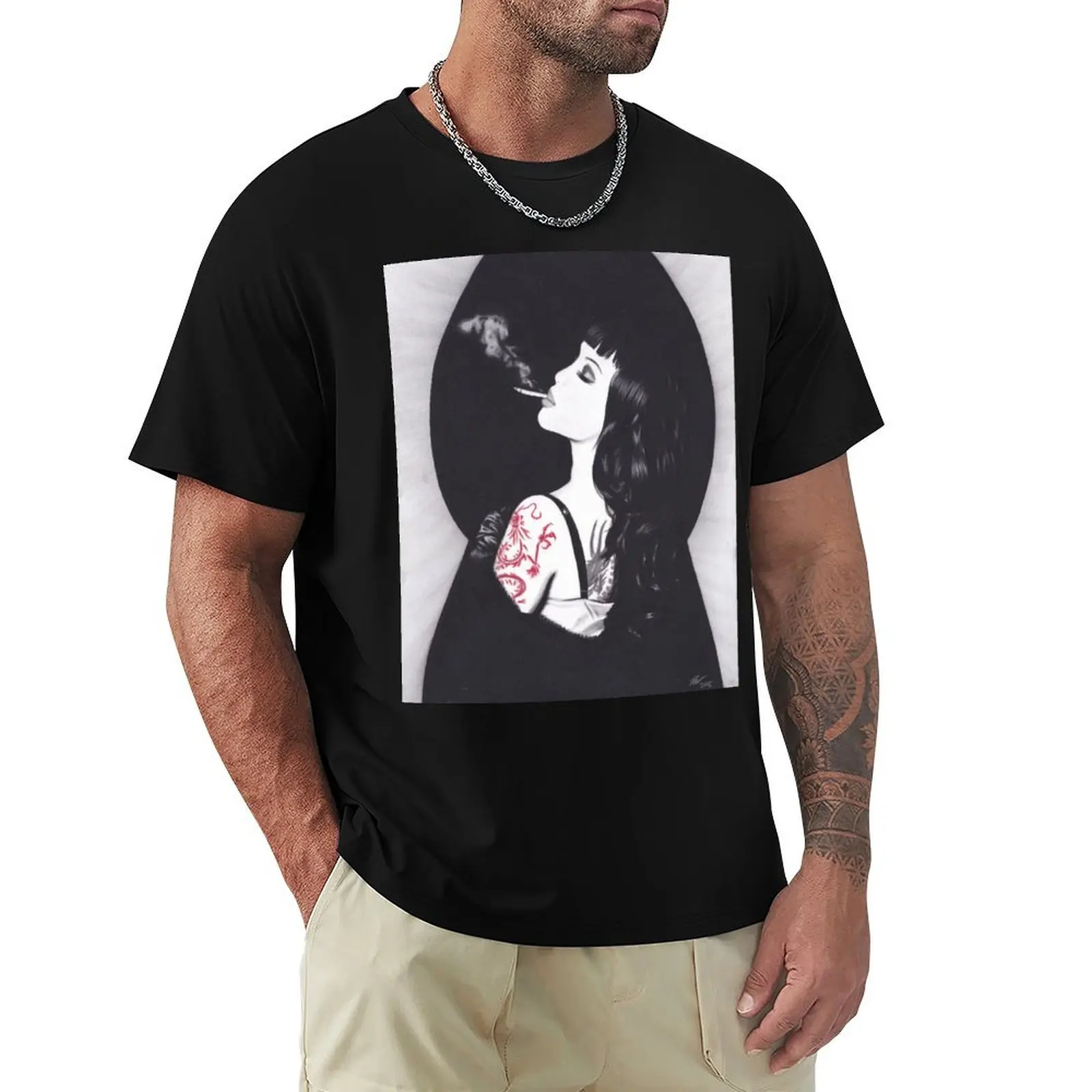 Realism Charcoal Drawing of Masuimi Max with Red Dragon Tattoo T-Shirt Simple Line Art Print Tee