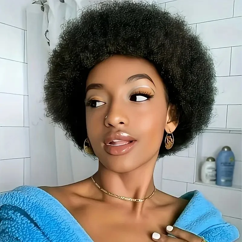 아프로 퍼프 곱슬머리 가발 여성용 인모 기계 제작