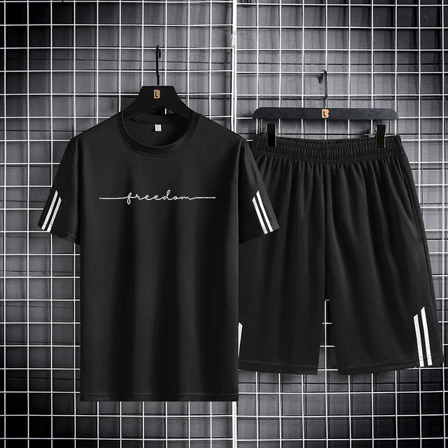 【 M-5XL 】 Letni zestaw męski 2024 nowy szybkoschnący oddychający siateczkowy T-shirt z krótkim rękawem i szorty dwuczęściowy zestaw sportowy do biegania