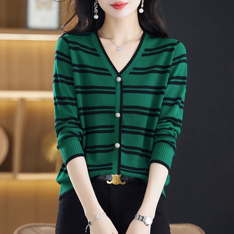 Autumn Winter Striped Fashion Long Sleeve Cardigans Sweater Korean New Fashion V-neck Loose Casual Versatile Women Knitted Tops