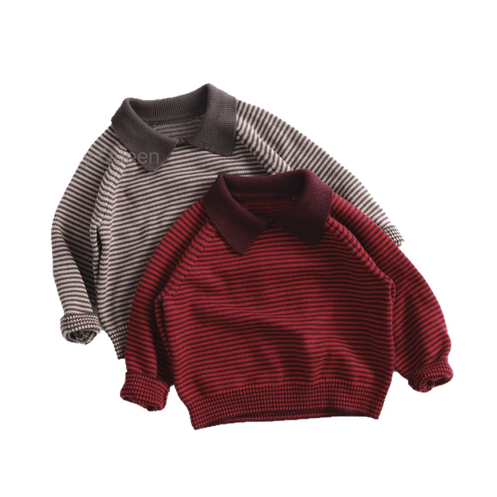 2025 otoño nuevos niños de manga larga de punto Polo camisas de algodón niños suéter Casual niñas Vintage suéter a rayas niños pulóver