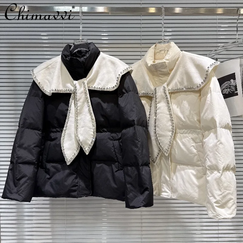 

Winter New Heavy Socialite Rhinestone Lace-Up Shawl Design Cotton Jackets Fashion Long Sleeve Warm Elegant Women's Cotton Coat