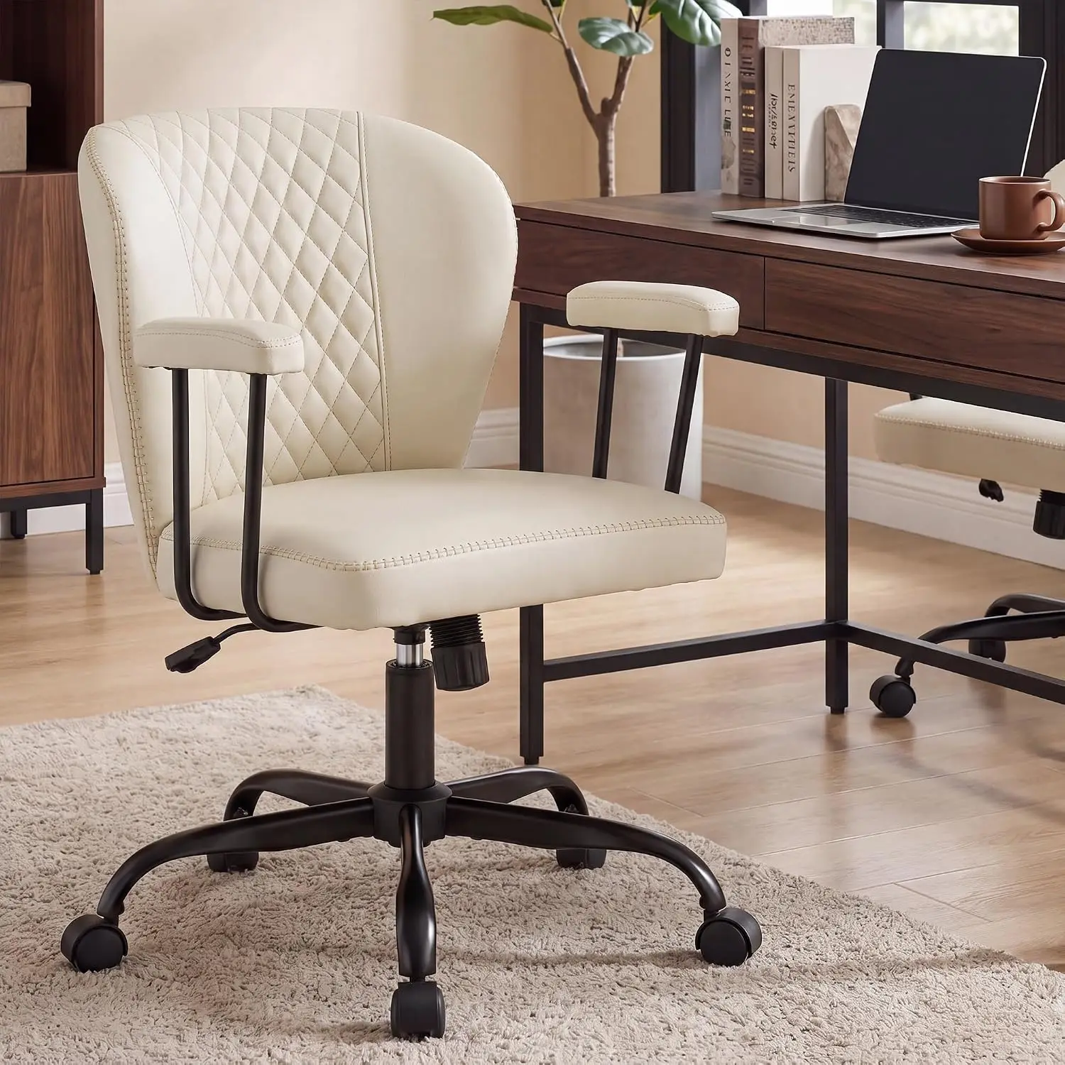 Leather Office Chair with Removable Arms Beige, Customized