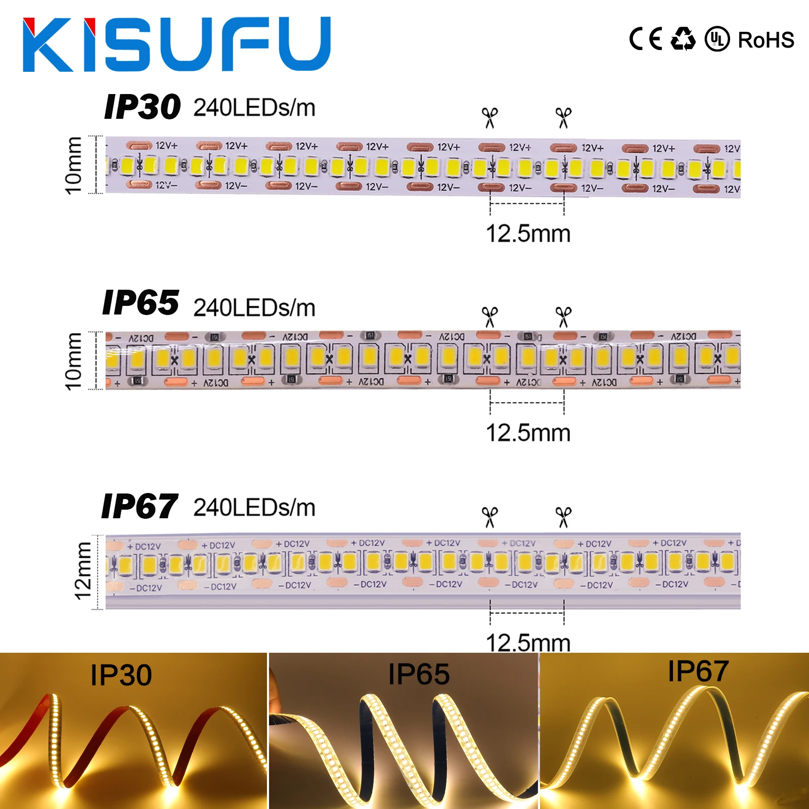 

IP30/IP65/IP67 Waterproof 5M LED Strip SMD 2835 DC12V 24V 3000K 4500K 6000K 240LEDs/m Super Bright Flex LED Adhesive Ribbon Tape