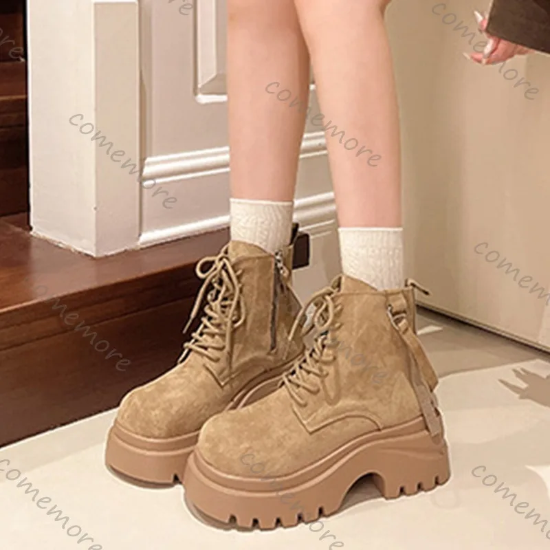 Comemore 2025 New Autumn and Winter Height-increasing Ankle Boots Women's Side Zipper Suede High Heeled Shoes Motorcycle Botines
