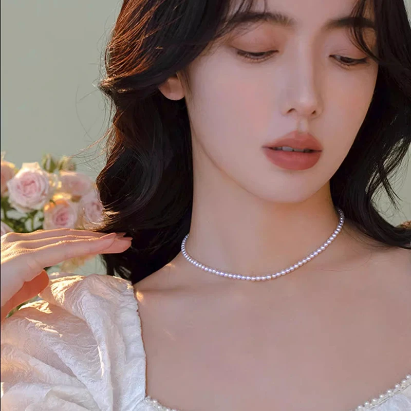

3-4mm Natural Freshwater Round Small Pearl Necklace for Women 925 Silve Wife Mother Anniversary Gift White