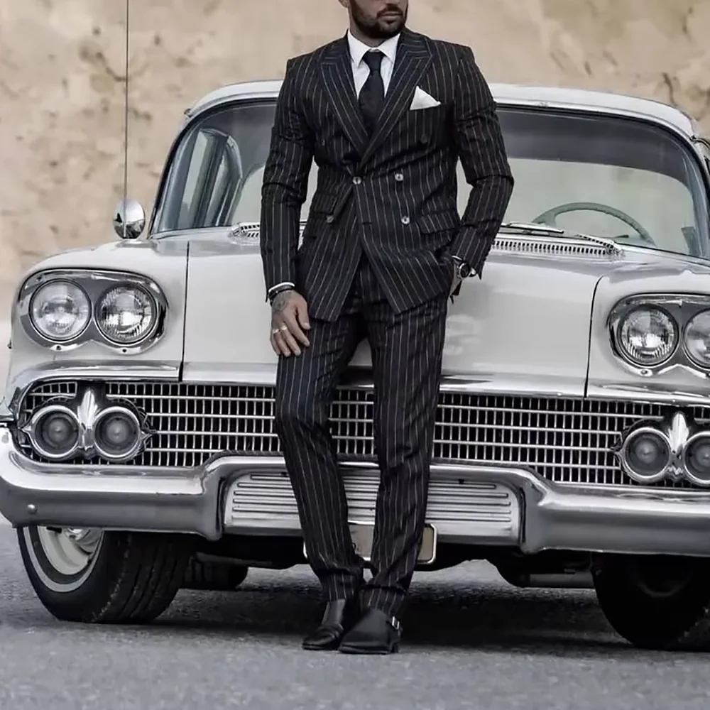

High Quality Black Stripe Men's Suit Slim 2 Piece Elegant Double Breasted Peak Lapel Evening Party Business Formal Jacket Pants