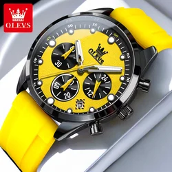 OLEVS Original Men's Watches Multifunctional Chronograph Fashion Trend Yellow Rubber Strap Luminous Waterproof Quartz Watch Men