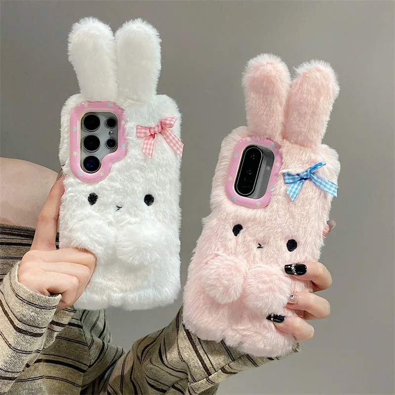 Koren 3D Cartoon Bowknot Rabbit Ears Warm Furry Plush Phone Case For Samsung Galaxy S23 24 25 26 Ultra Plus A57 Shockproof Cover