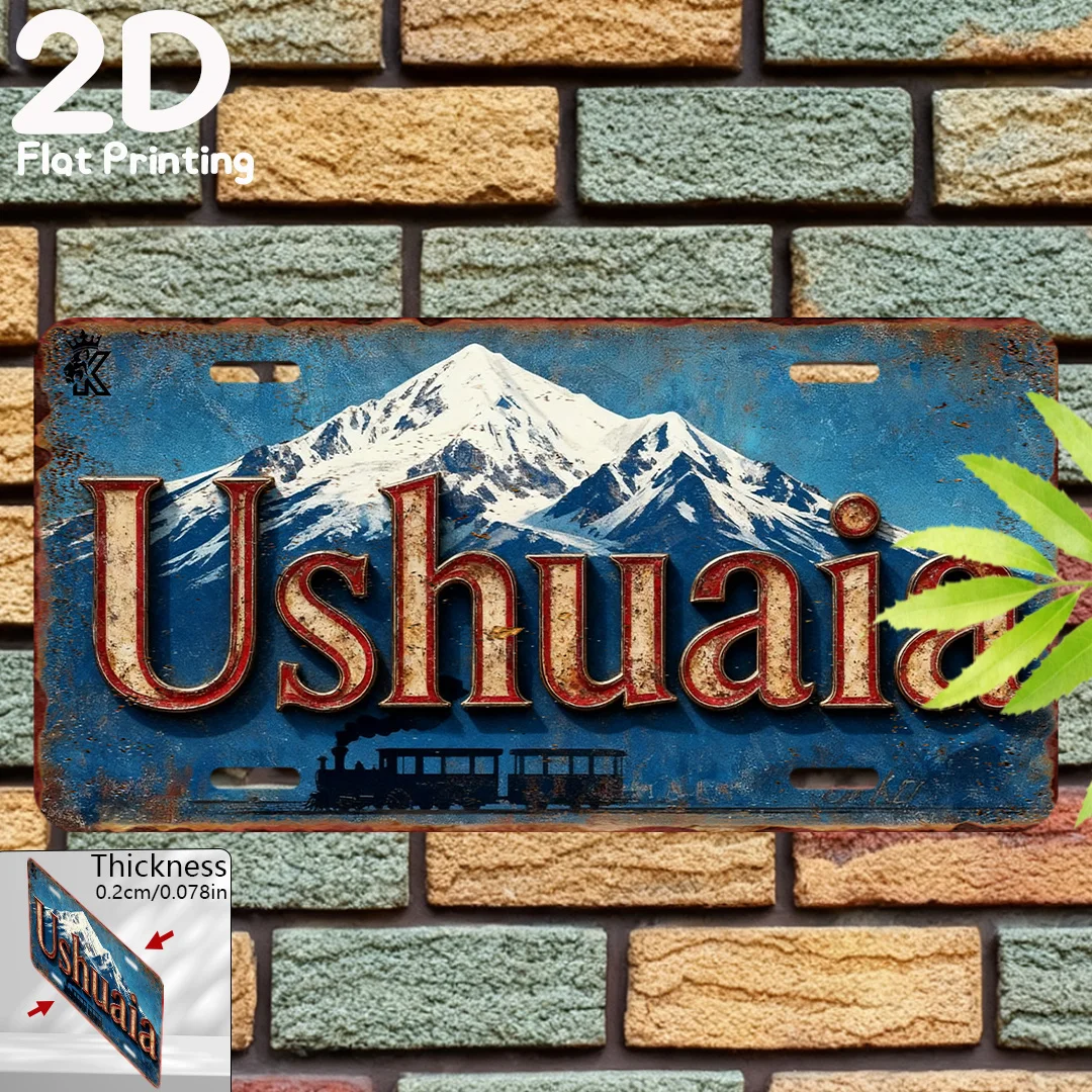 Letrero Metálico Vintage de Ushuaia, Argentina, Plano 2D - 1 Pieza |   Arte de pared de metal retro de 15,24 cm x 30,48 cm con montaña cubierta de nieve y la inscripción "Ushuaia"