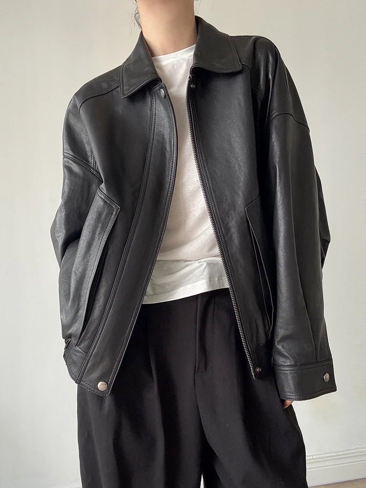 Vintage Genuine Leather Motorcycle Jacket for Women Spring Autumn 2025 New High-end Simple Solid Soft Real Sheepskin Bomber Coat