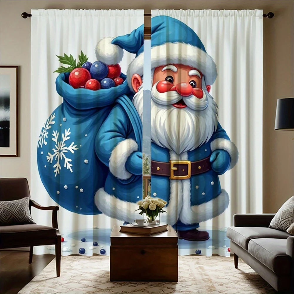 2pcs Festive Santa Claus Curtains - High-Definition Digital Print, Snowman & Cottage Design, Semi-Transparent Polyester, Rod Poc