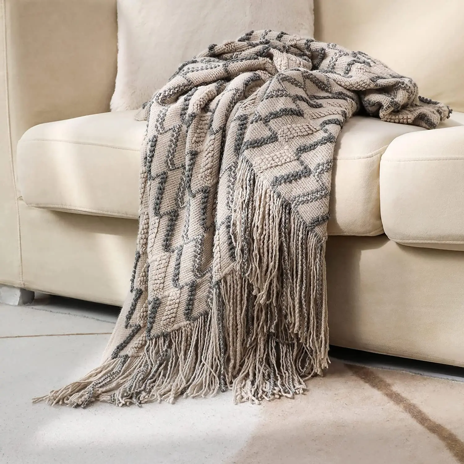 Khaki Knitted Blanket with Tassels,Boho Deco Throw Blanket for Sofa Room Travel Camping Hotel Decoration,Wave Pattern Blankets