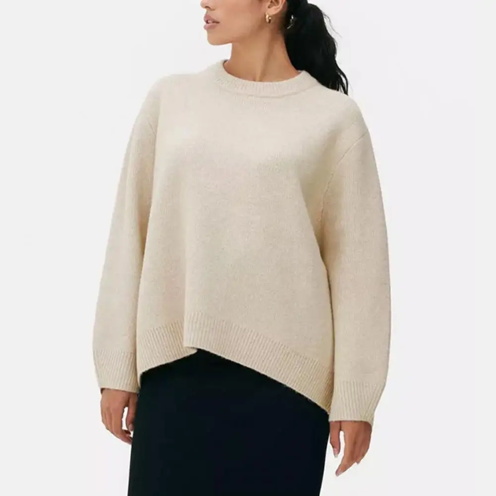 Versatile Round Neck Jumper Cozy Round Neck Women's Sweater with Long Sleeves Loose Fit Knitting Top Ribbed Trim for Fall/winter