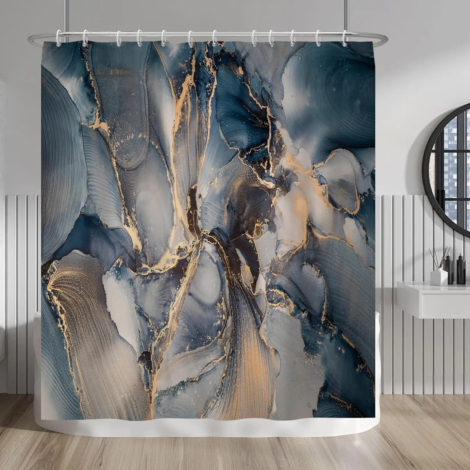 Blue Gold Abstract Marble Shower Curtain Luxury Fluid Art Design Print for Elegant Bathroom