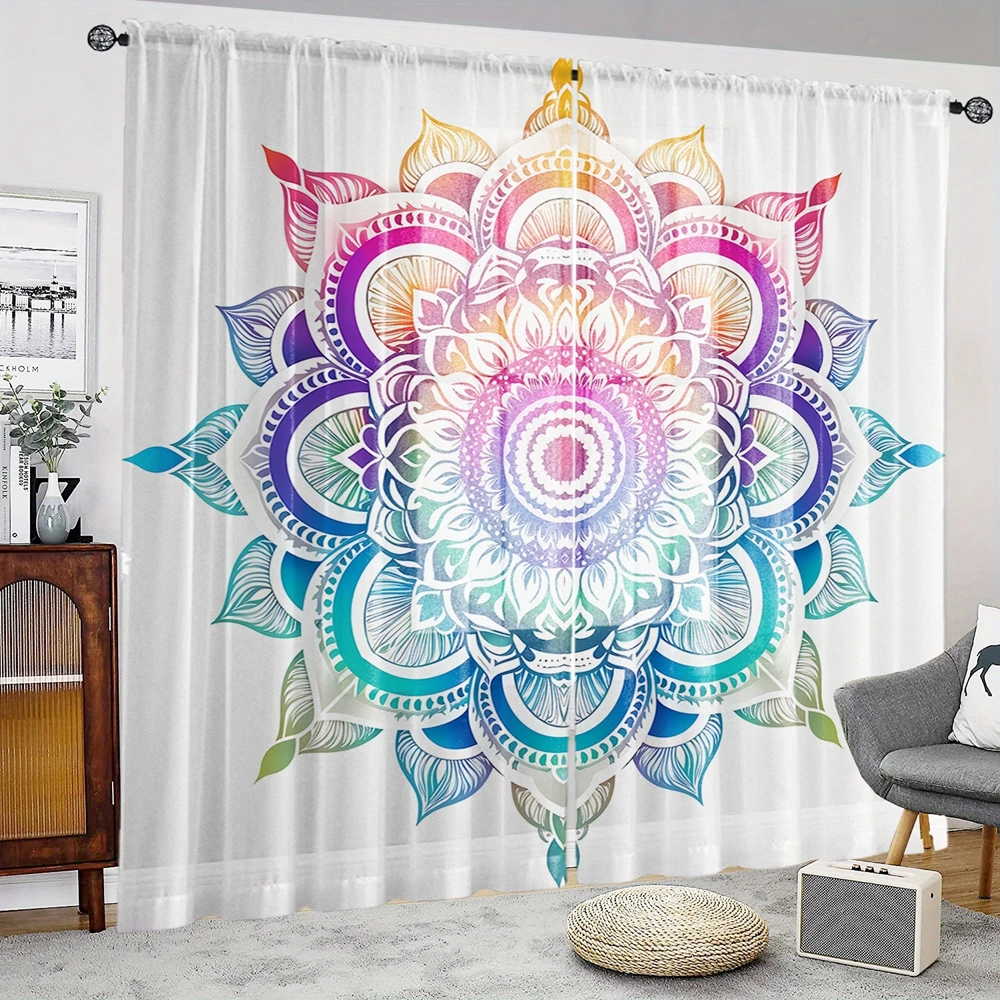 2 Pieces HD Digital Mandala Floral Printed Window Screen Home Decorating Style Decorative Living Room Bedroom Rodding Curtain Ef