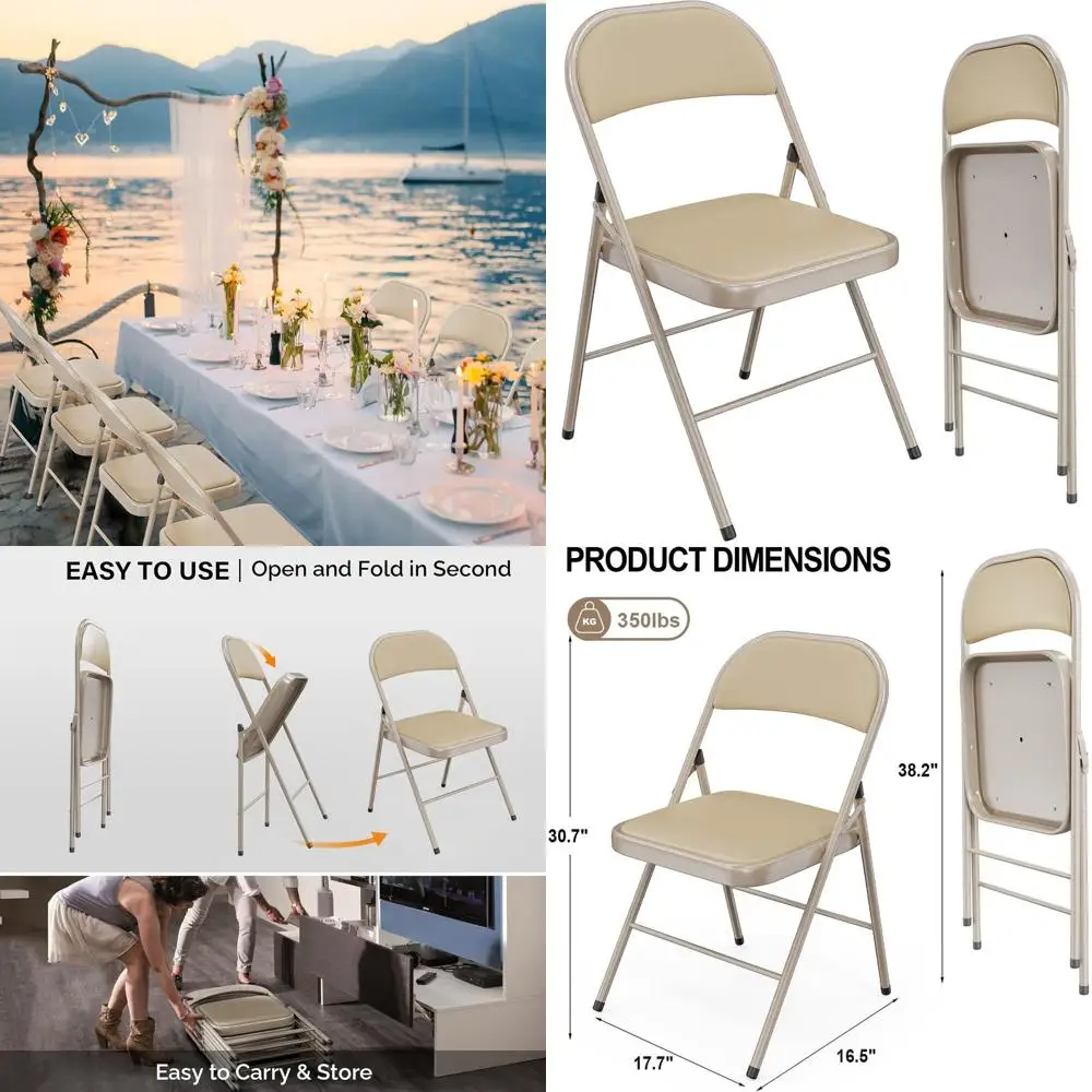 

Pair of Khaki Padded Metal Chairs with PU Leather Seats, Supporting 350 lbs