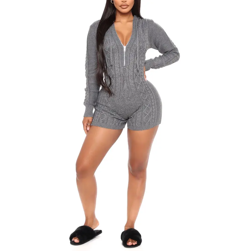 Women\'s Casual Solid Knitted Hooded Jumpsuit Homewear