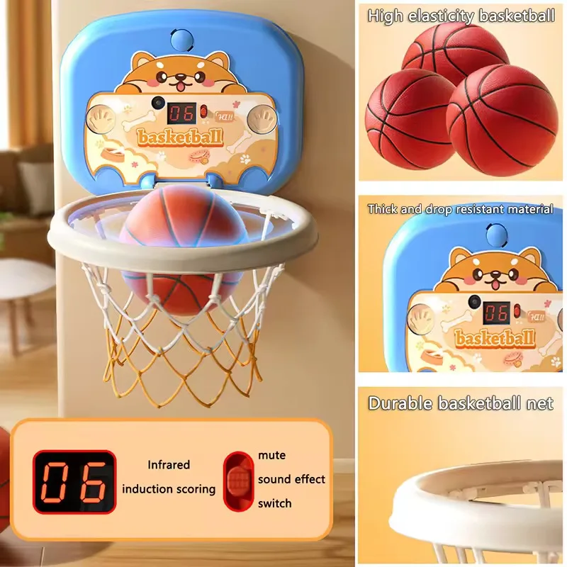 Foldable Children's Basketball Set Cartoon Animal Pattern Wall-Mounted Punch-Free Installation Scoreboard Inflatable Ball Qualit