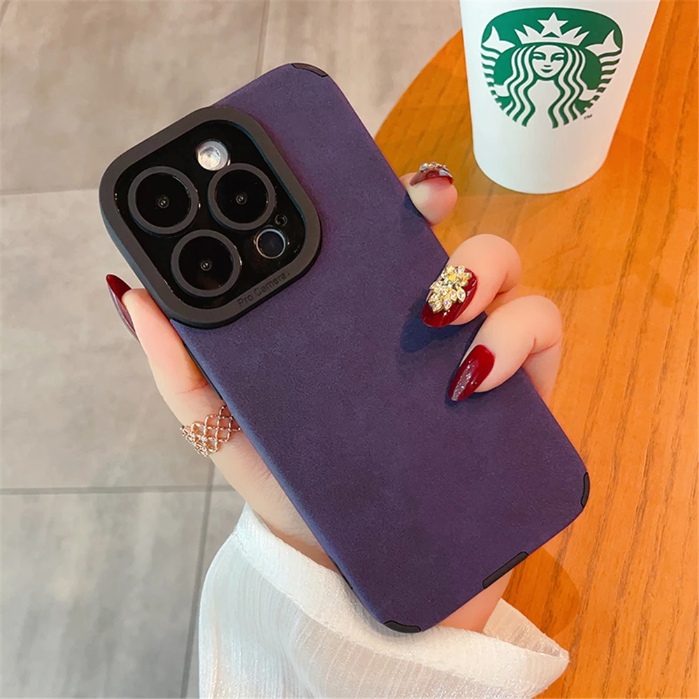 

Luxury Suede Lambskin Leather Full Lens Protector Case For iPhone 14 Plus 13 12 11 Pro Max Shockproof Airbag Silicone Soft Cover