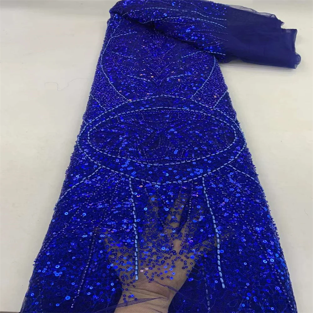 

2024 High Quality African Nigerian Tulle Lace Fabric Embroidery Wedding Party Dress Sequins For Sewing Beaded Lace Fabric ZX2405