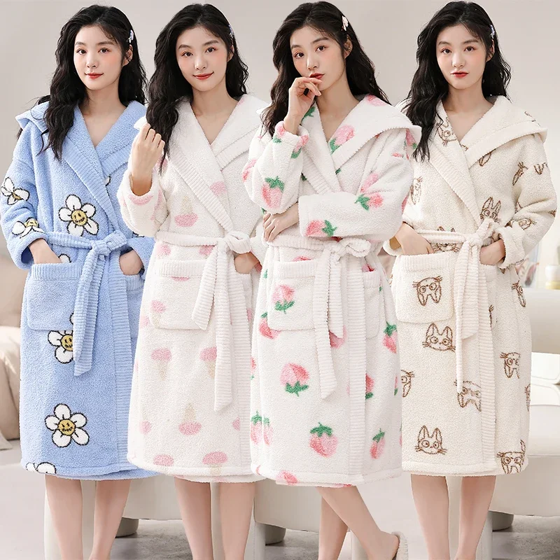 2023 Winter Long Sleeve Hooded Thick Warm Flannel Print Kimono Robes for Women Coral Velvet Bathrobe Sleepwear Nightdress Nighty