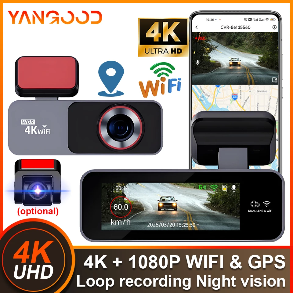 Yangood 4K Dashcam 2.99 بوصة جهاز تسجيل فيديو رقمي للسيارات حلقة تسجيل مسجل فيديو يدعم WIFI GPS للرؤية الليلية 24H وضع وقوف السيارات الصندوق الأسود #1