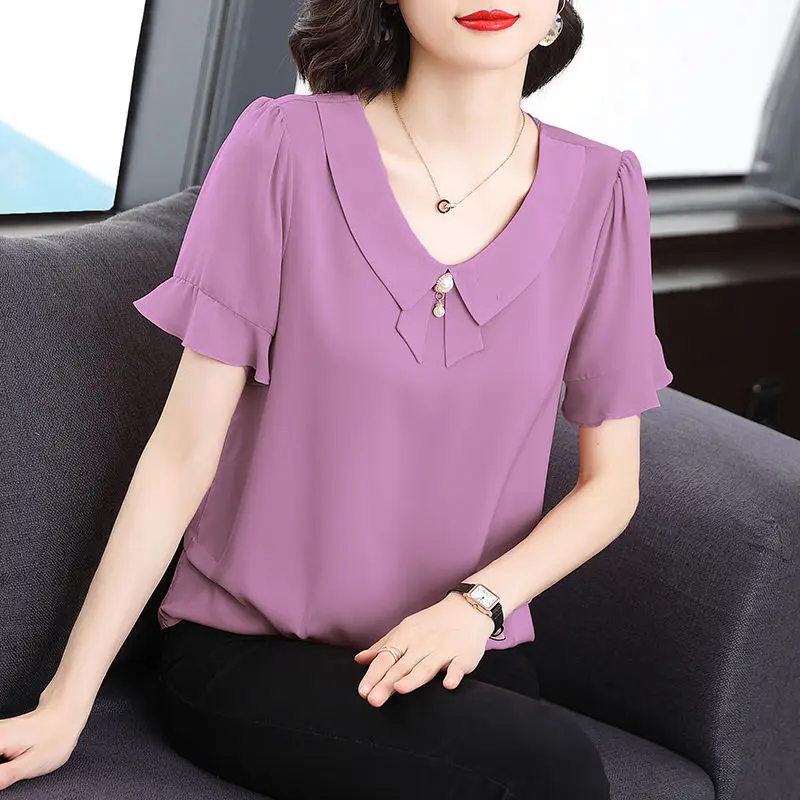 Summer Loose Casual Ruffles Chiffon Blouse Women Short Sleeve Elegant Fashion Solid Collar Top Female Oversized All-match Shirt