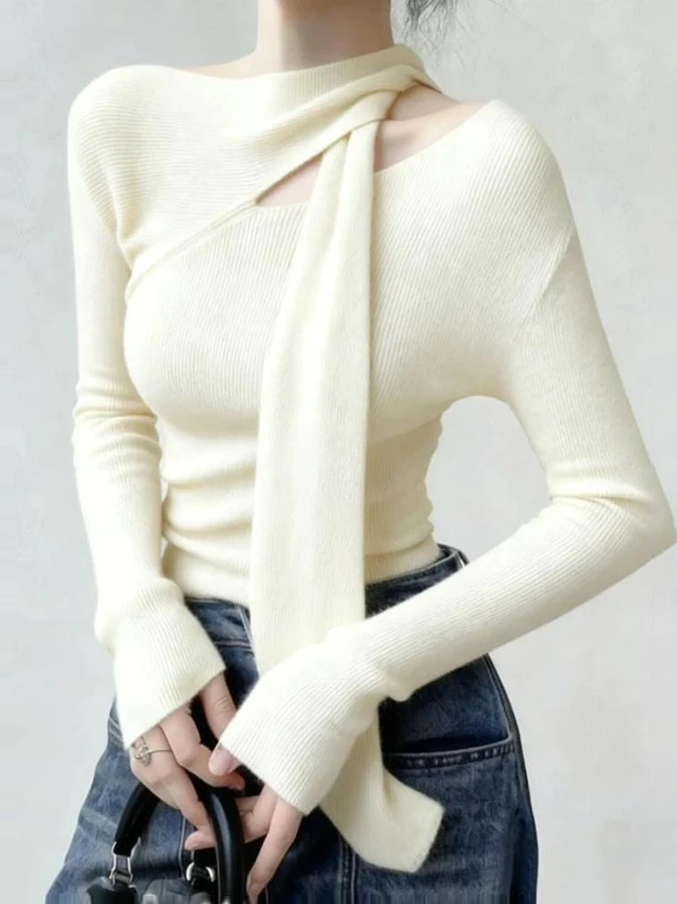 

Chic Street Y2K Sexy Cold Shoulder Knitted Sweater Women Scarf Collar Asymmetric Long Sleeve Fitted Layering Top Bottoming Shirt