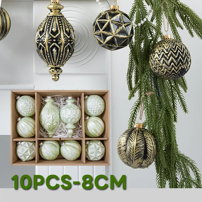 10pcs 8cm Retro Christmas Ball Ornaments Painted Gold Green Christmas Tree Party Decoration New Christmas Spheres Pendant Set