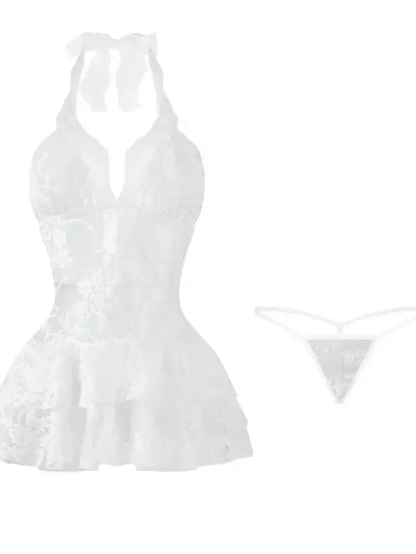 Puro desejo casaul sexy feminino halter pescoço pura renda puff vestido transparente com decote em v lindo vestido de dormir elegante npdf