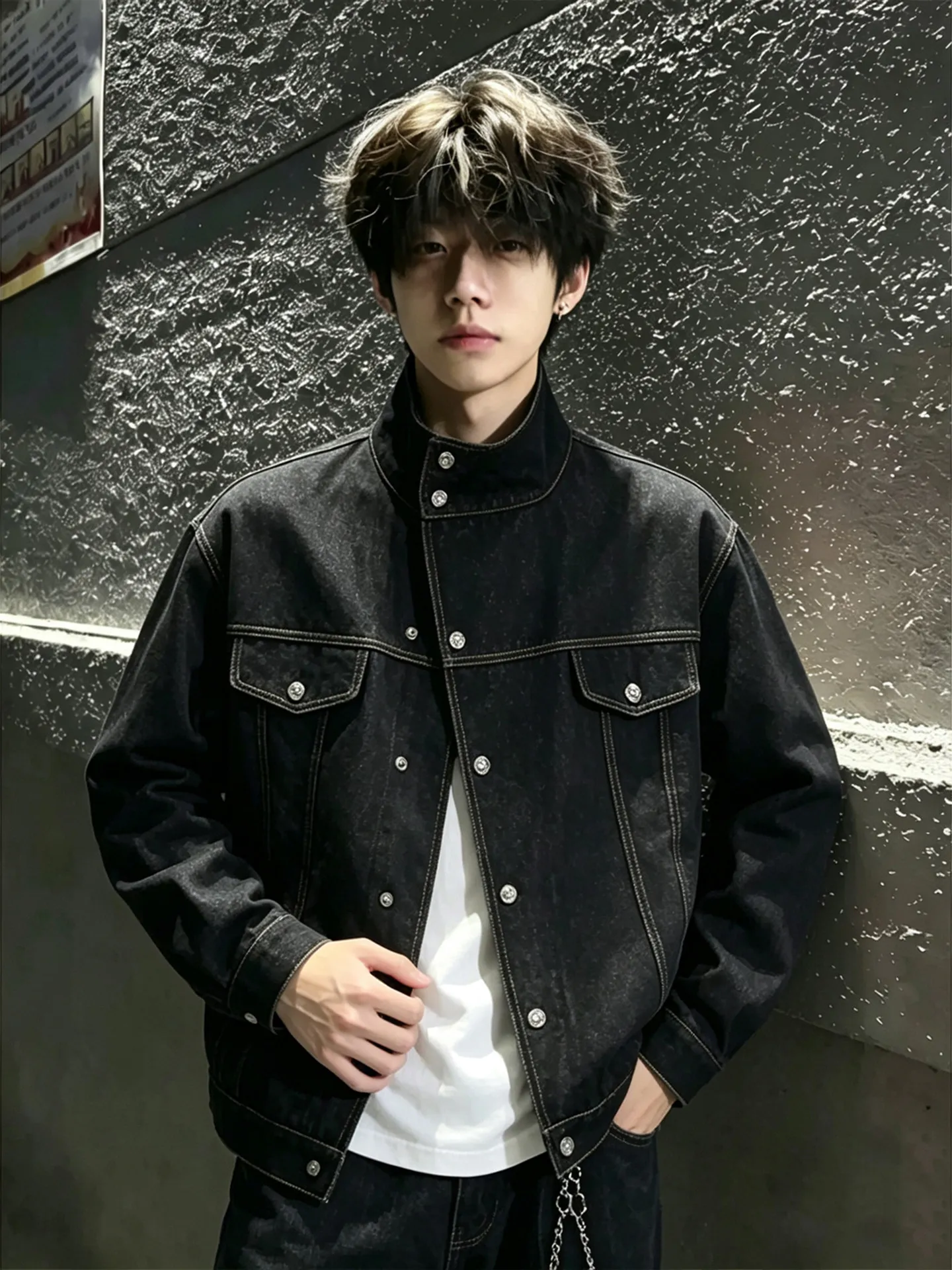 Black Original Denim Stand Collar Men's Jacket Autumn American Boxy Short Wide Shoulder Deconstructed Workwear Jacket