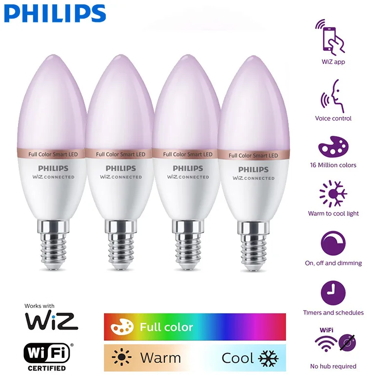 

Philips 4PCS Smart LED E14 Candle Light 4.9W WiZ Wi-Fi & Bluetooth Bulbs 220-240V Full Color Frosted Dimmable B Lamps CRI90