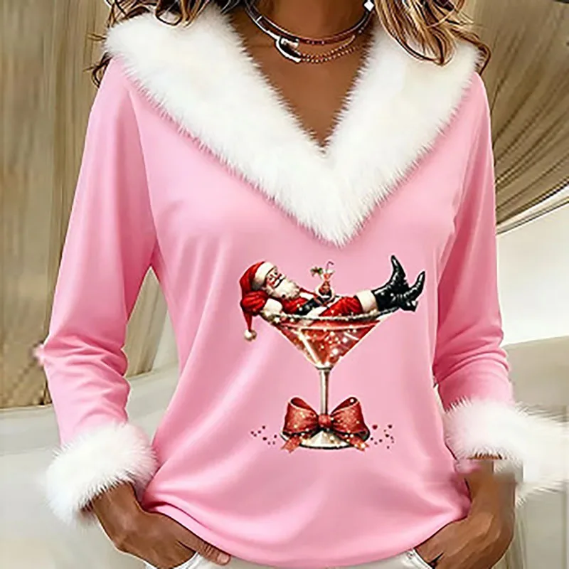 クリスマスツリーサンタクロースプリント女性ブラウスエレガントなファー V ネックファッショナブルなトップスプルオーバー秋長袖パーティーシャツ Mujer