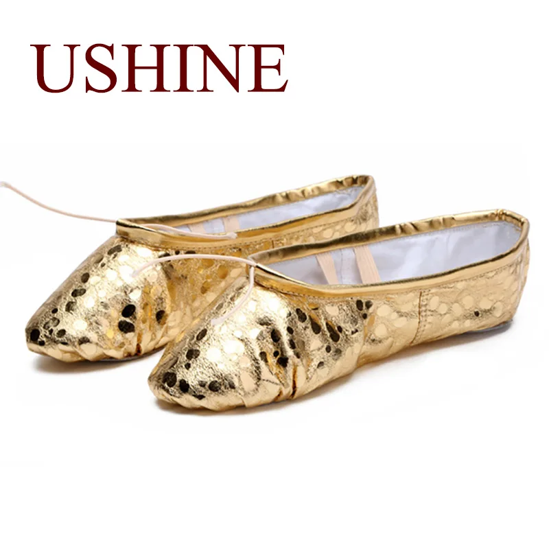 

USHINE Professional PU Gold Silver Training Body Shaping Yoga Slippers Belly Ballet Dance Shoes Kids Girls Women