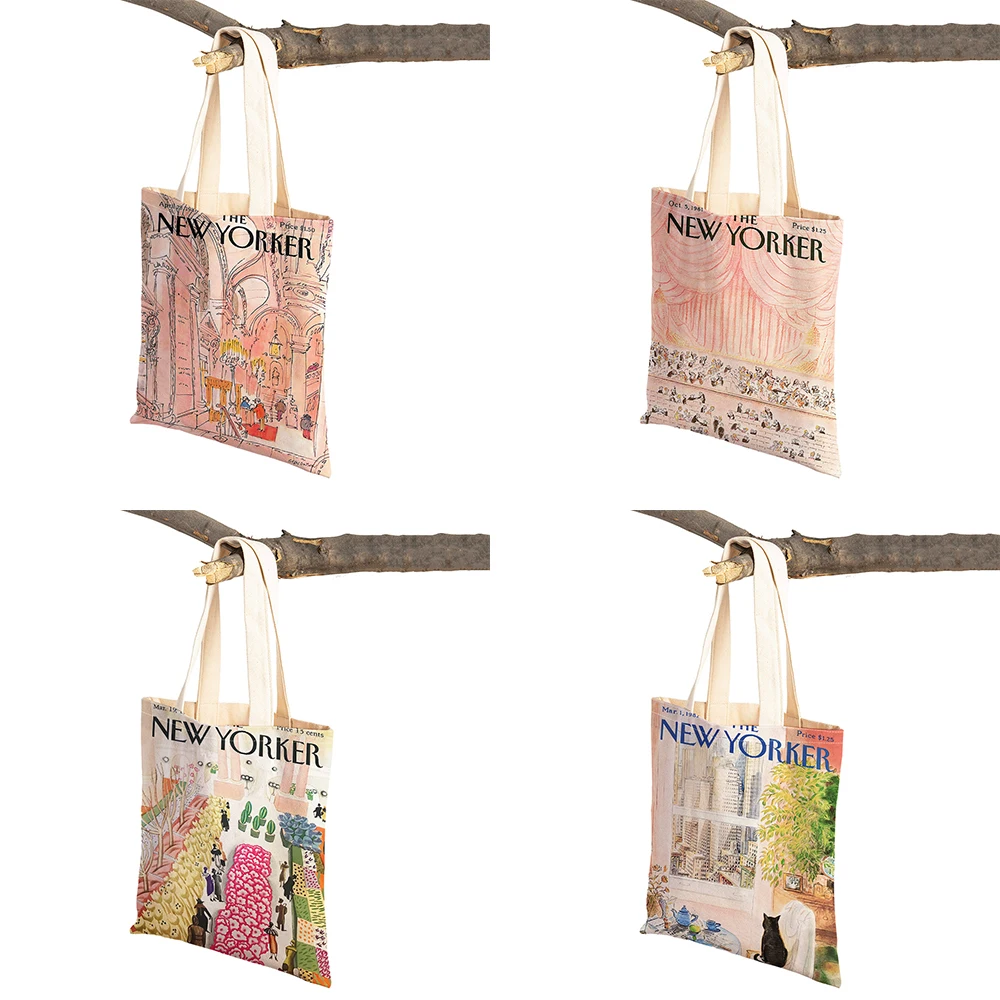 The New Yorker City Magazine Women Shopping Bags Double Print Casual Nordic Shopper Bag Lady Linen Tote Eco Leaf Flower Handbag