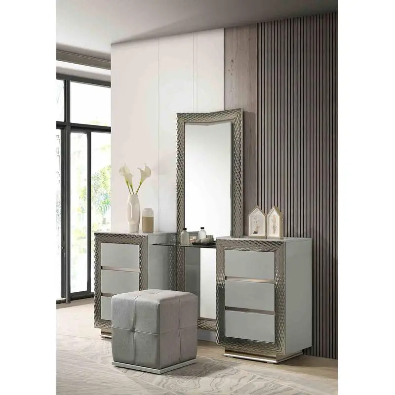 

Glam Style 1pc Vanity Set with Stool, Plinth Base, Silver Molding, Glass Top, LED Headboard & Mirror, Gray Finish Bedroom