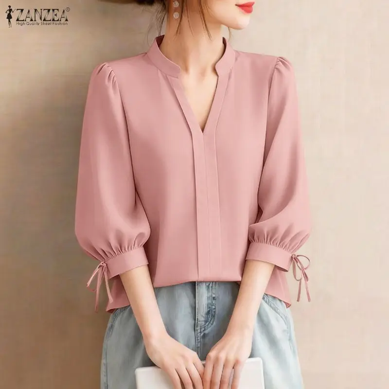 

Летние женские элегантные блузки ZANZEA с V-образным вырезом, рукавами 3/4, на шнуровке, однотонные, свободного кроя, повседневные топы-пуловеры.