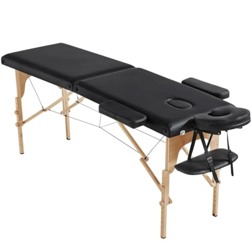 Portable Folding Massage Table, Height-Adjustable Lash Bed, Black | Padded PVC leather on a sturdy wood frame, this